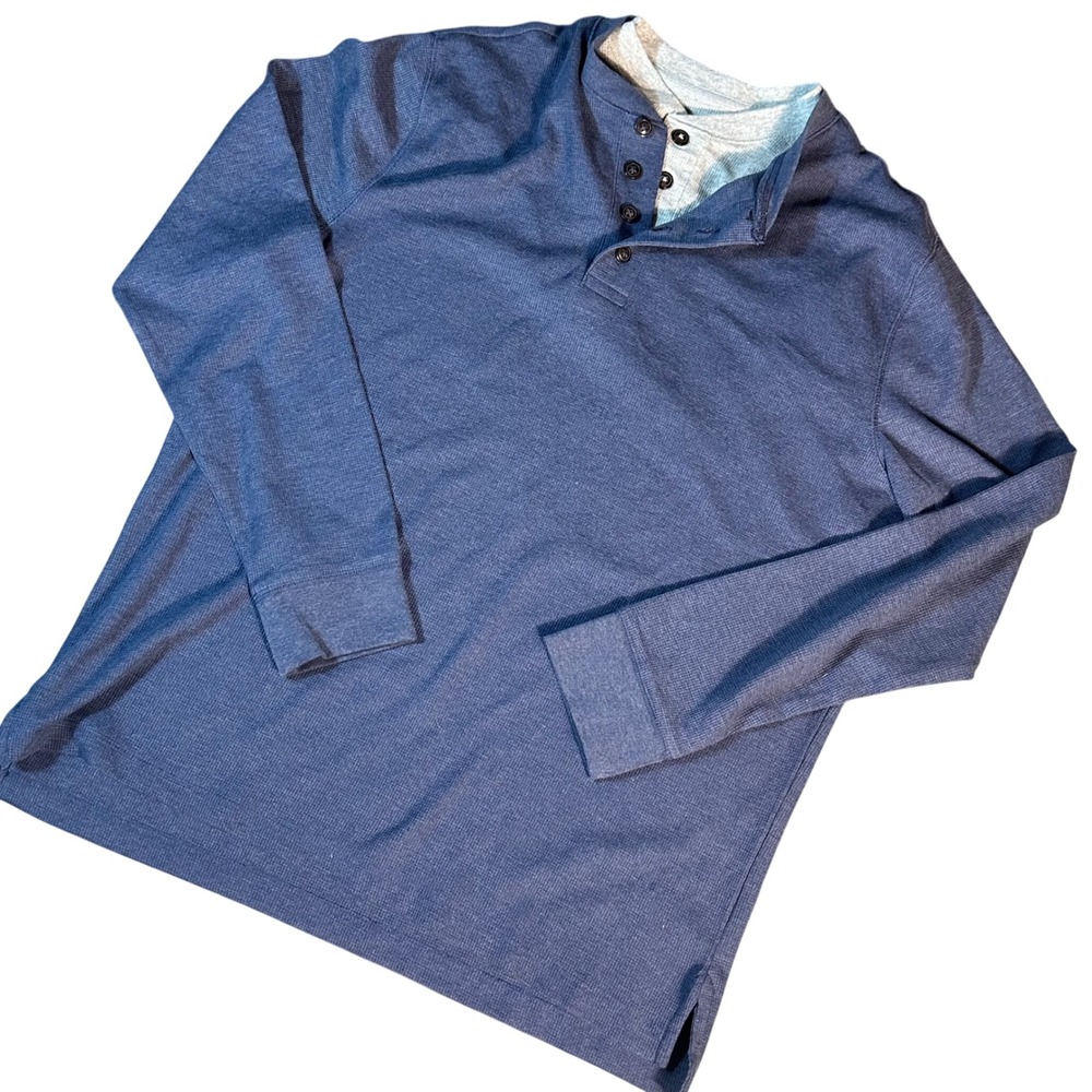 Seventh Avenue Henley Men Size M Blue Long Sleeve Waffle Knit Double Collar